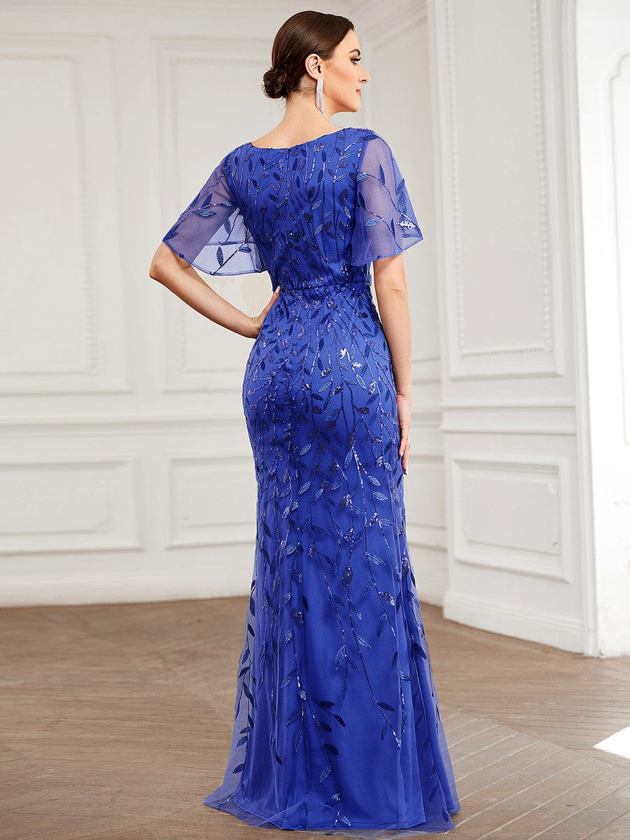 Gorgeous V Neck Leaf-Sequined Fishtail Party Dress #color_Sapphire Blue