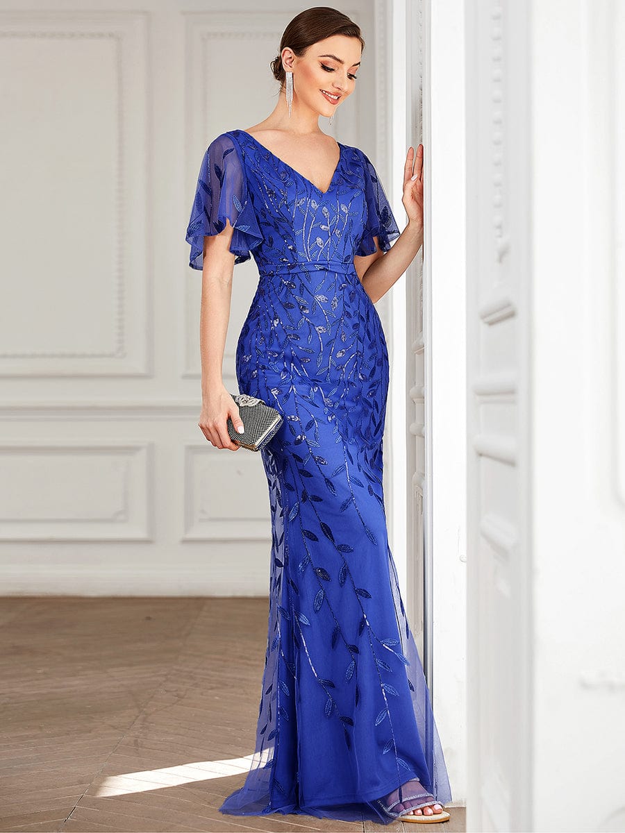 Gorgeous V Neck Leaf-Sequined Fishtail Party Dress #color_Sapphire Blue