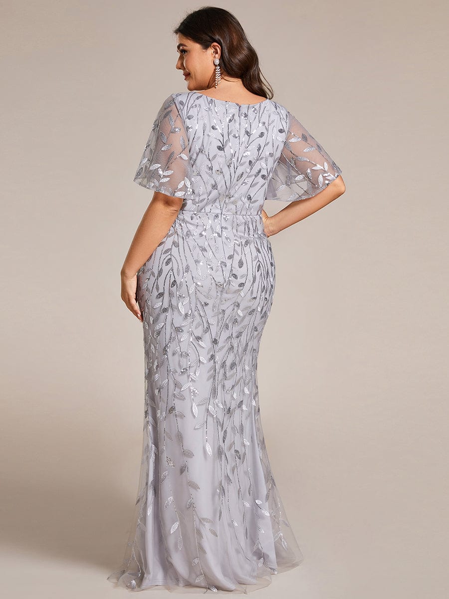 Gorgeous V Neck Leaf-Sequined Fishtail Party Dress #color_Silver