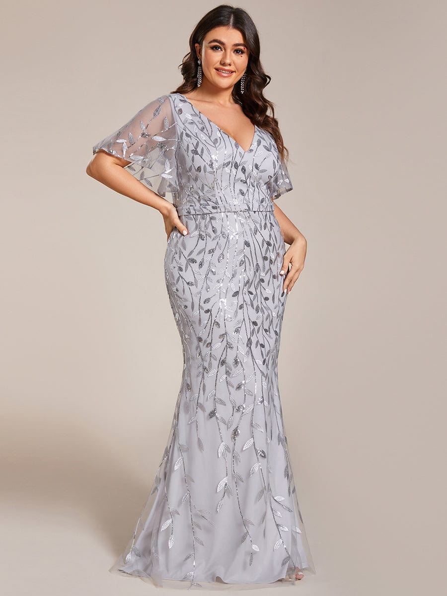 Gorgeous V Neck Leaf-Sequined Fishtail Party Dress #color_Silver