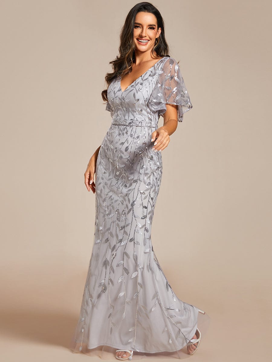 Gorgeous V Neck Leaf-Sequined Fishtail Party Dress #color_Silver