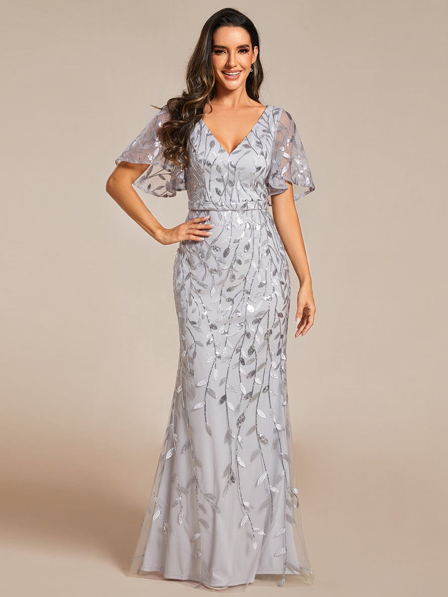 Gorgeous V Neck Leaf-Sequined Fishtail Party Dress #color_Silver