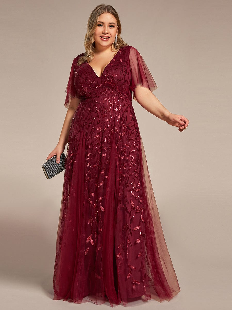 Custom Size Romantic Shimmery V Neck Ruffle Sleeves Maxi Long Evening Gowns #color_Burgundy