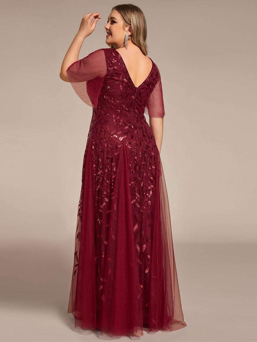 Custom Size Romantic Shimmery V Neck Ruffle Sleeves Maxi Long Evening Gowns #color_Burgundy