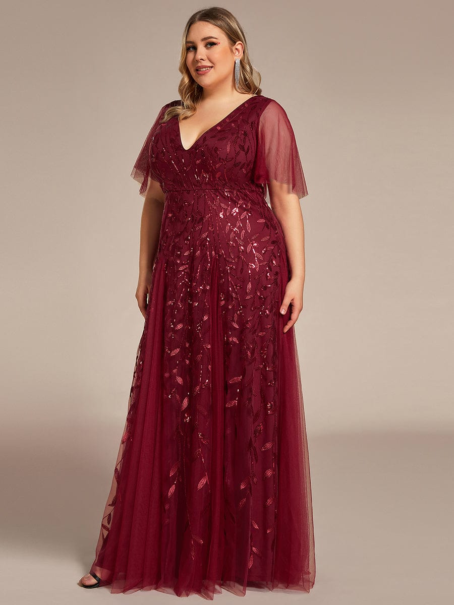 Custom Size Romantic Shimmery V Neck Ruffle Sleeves Maxi Long Evening Gowns #color_Burgundy