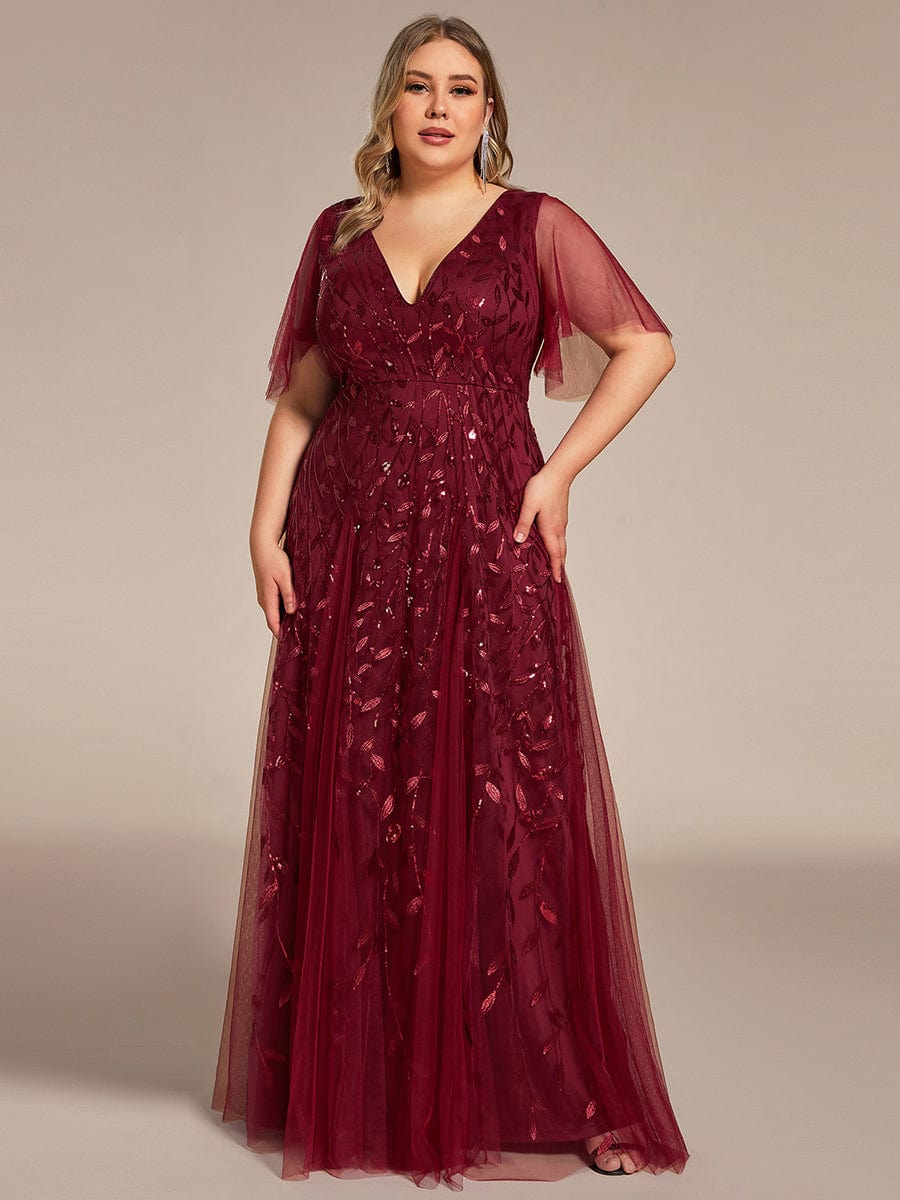 Romantic Shimmery V Neck Ruffle Sleeves Maxi Long Evening Gowns #color_Burgundy