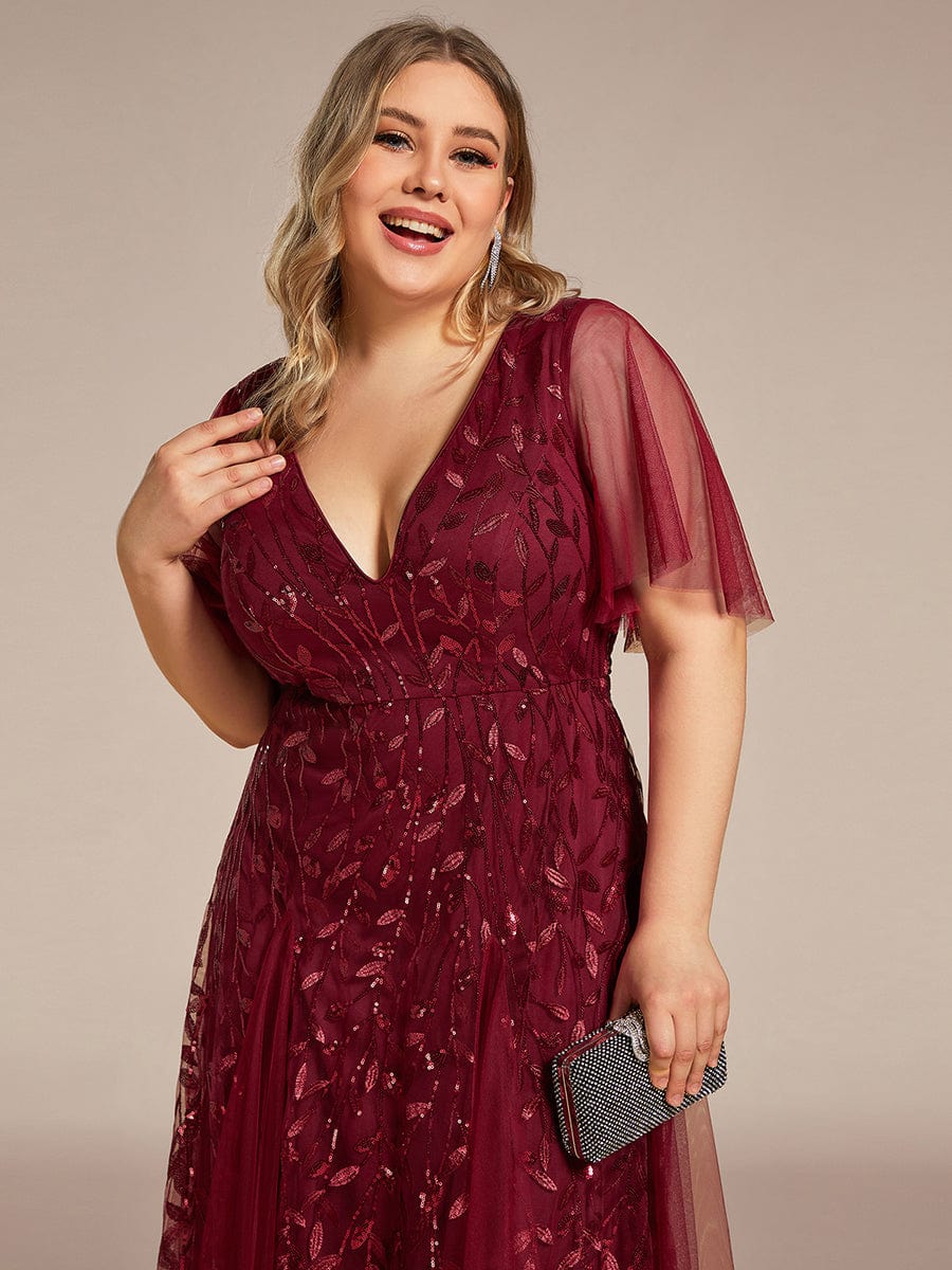 Romantic Shimmery V Neck Ruffle Sleeves Maxi Long Evening Gowns #color_Burgundy