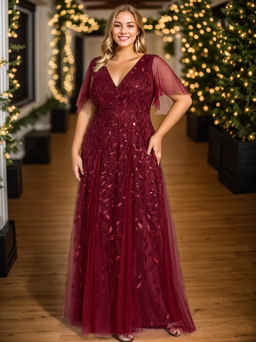 Custom Size Romantic Shimmery V Neck Ruffle Sleeves Maxi Long Evening Gowns #color_Burgundy