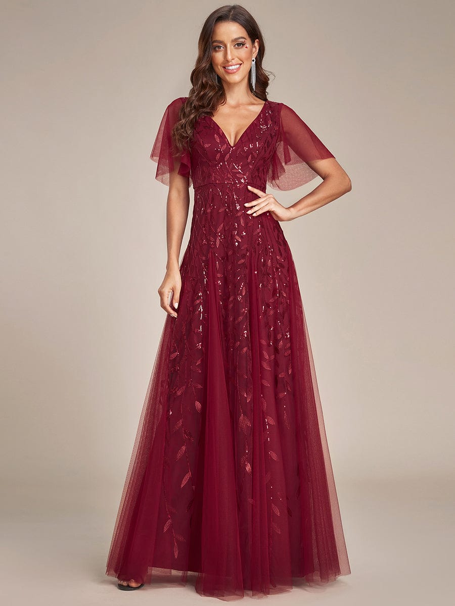 Custom Size Romantic Shimmery V Neck Ruffle Sleeves Maxi Long Evening Gowns #color_Burgundy