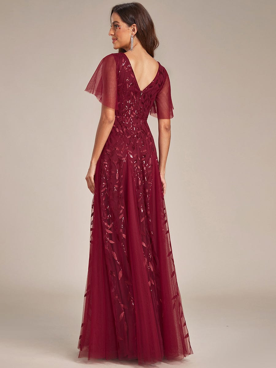 Custom Size Romantic Shimmery V Neck Ruffle Sleeves Maxi Long Evening Gowns #color_Burgundy