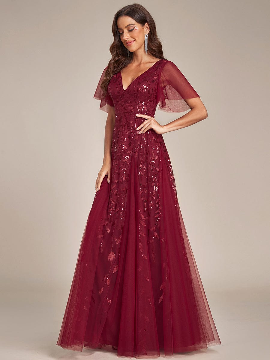 Romantic Shimmery V Neck Ruffle Sleeves Maxi Long Evening Gowns #color_Burgundy