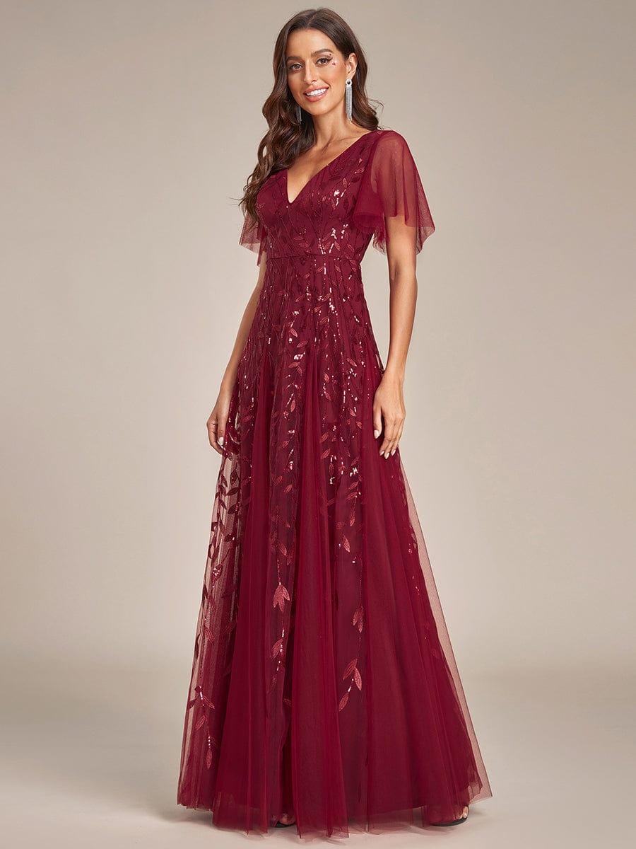 Romantic Shimmery V Neck Ruffle Sleeves Maxi Long Evening Gowns #color_Burgundy