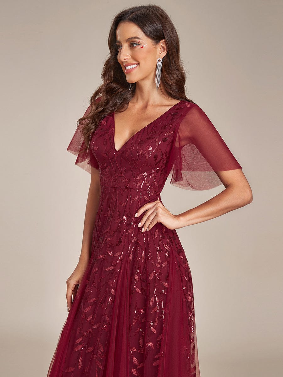 Custom Size Romantic Shimmery V Neck Ruffle Sleeves Maxi Long Evening Gowns #color_Burgundy