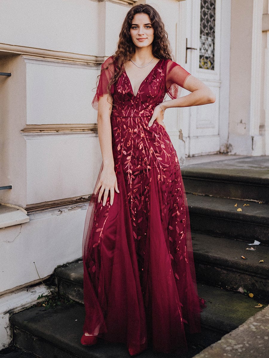 Custom Size Romantic Shimmery V Neck Ruffle Sleeves Maxi Long Evening Gowns #color_Burgundy