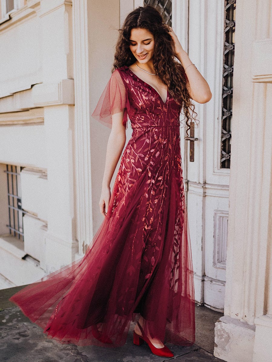 Custom Size Romantic Shimmery V Neck Ruffle Sleeves Maxi Long Evening Gowns #color_Burgundy