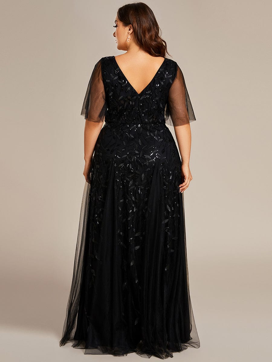 Custom Size Romantic Shimmery V Neck Ruffle Sleeves Maxi Long Evening Gowns #color_Black