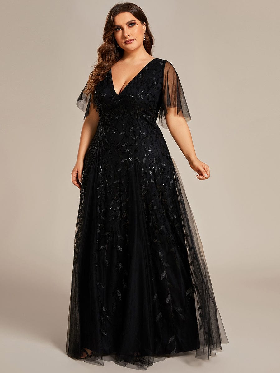 Romantic Shimmery V Neck Ruffle Sleeves Maxi Long Evening Gowns #color_Black