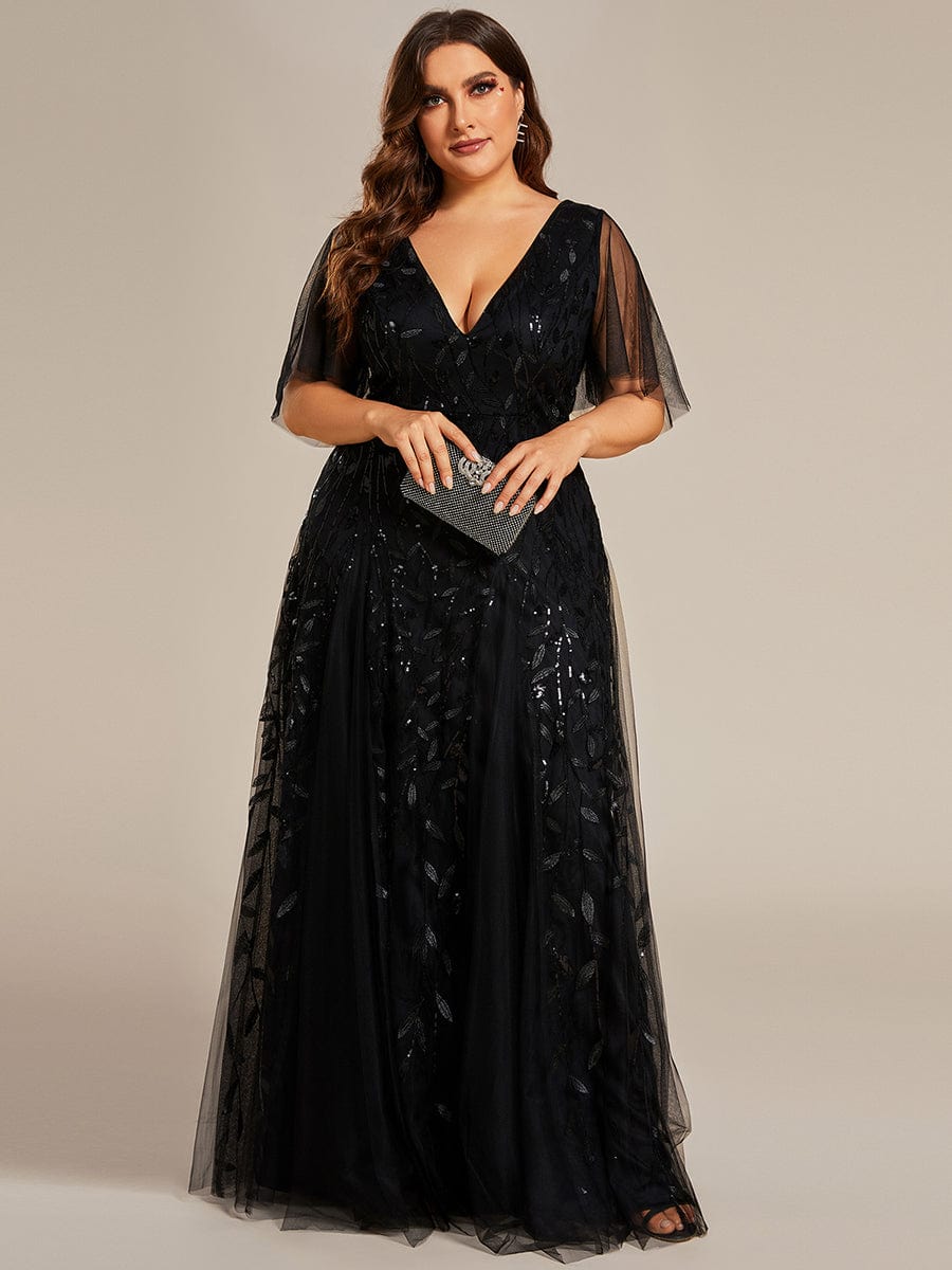 Custom Size Romantic Shimmery V Neck Ruffle Sleeves Maxi Long Evening Gowns #color_Black