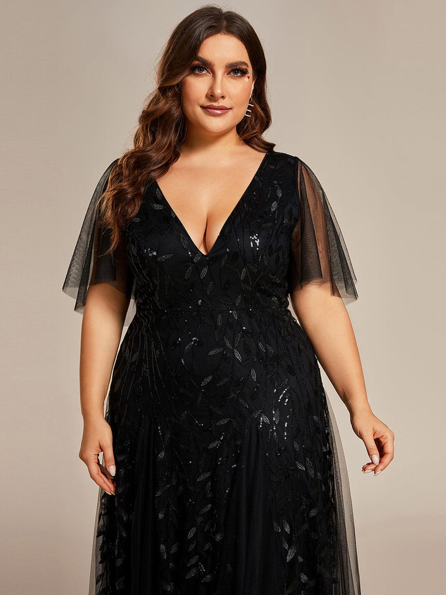 Romantic Shimmery V Neck Ruffle Sleeves Maxi Long Evening Gowns #color_Black