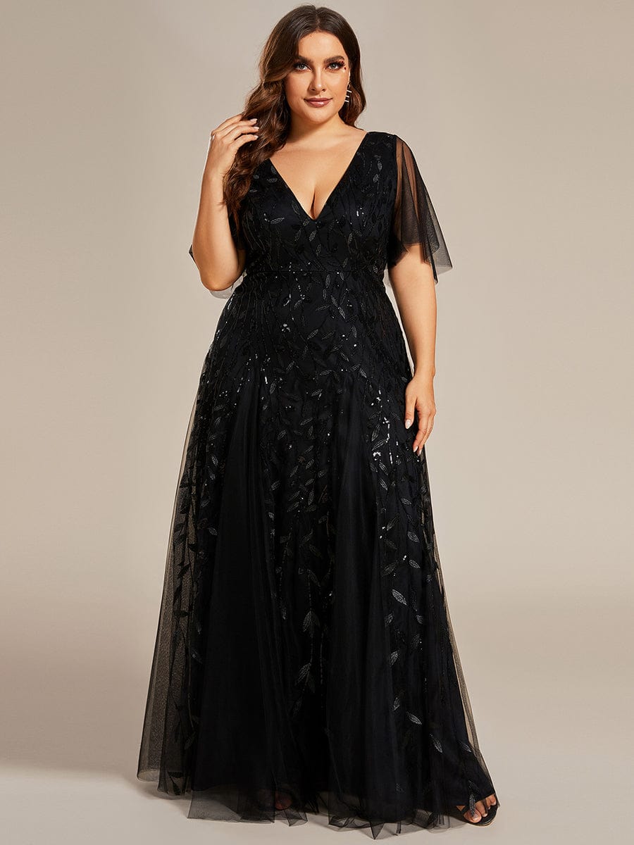 Custom Size Romantic Shimmery V Neck Ruffle Sleeves Maxi Long Evening Gowns #color_Black