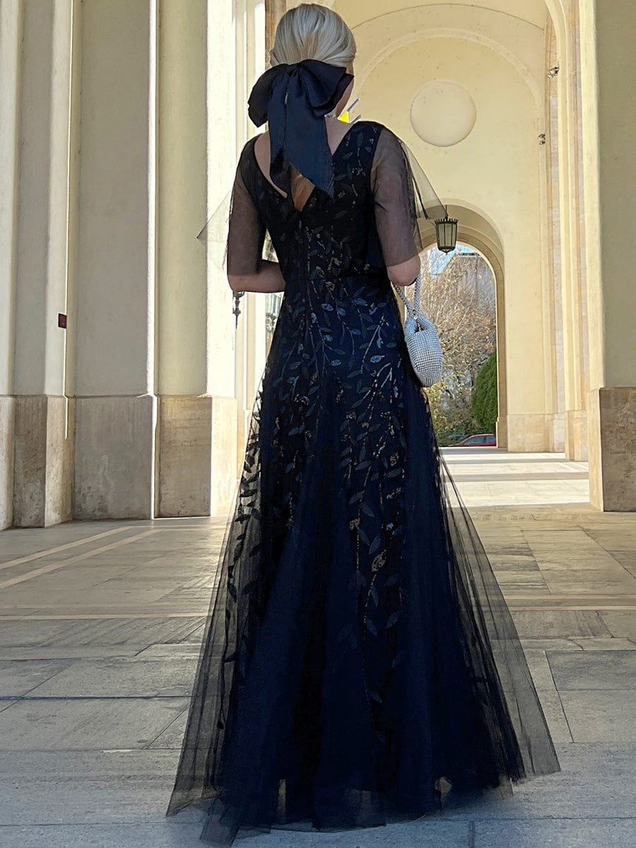 Custom Size Romantic Shimmery V Neck Ruffle Sleeves Maxi Long Evening Gowns #color_Black