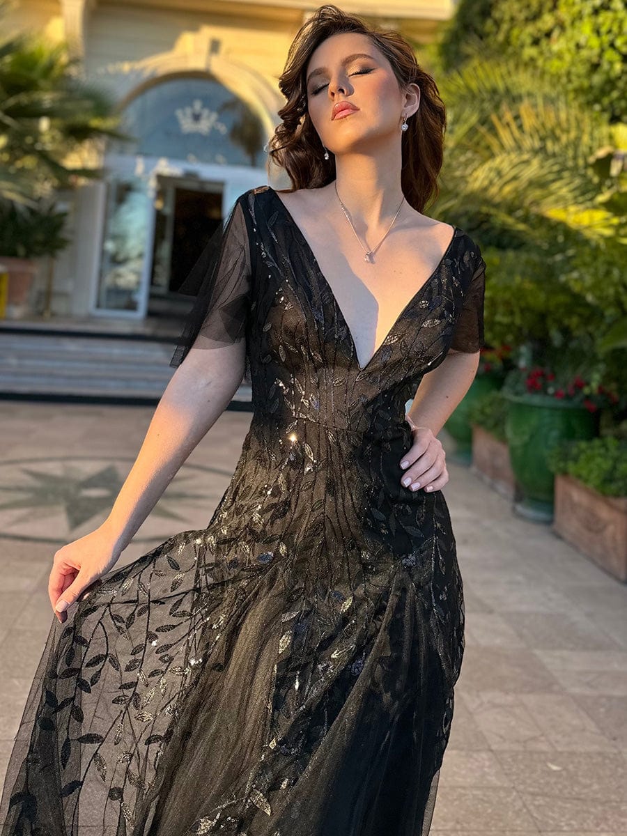 Custom Size Romantic Shimmery V Neck Ruffle Sleeves Maxi Long Evening Gowns #color_Black