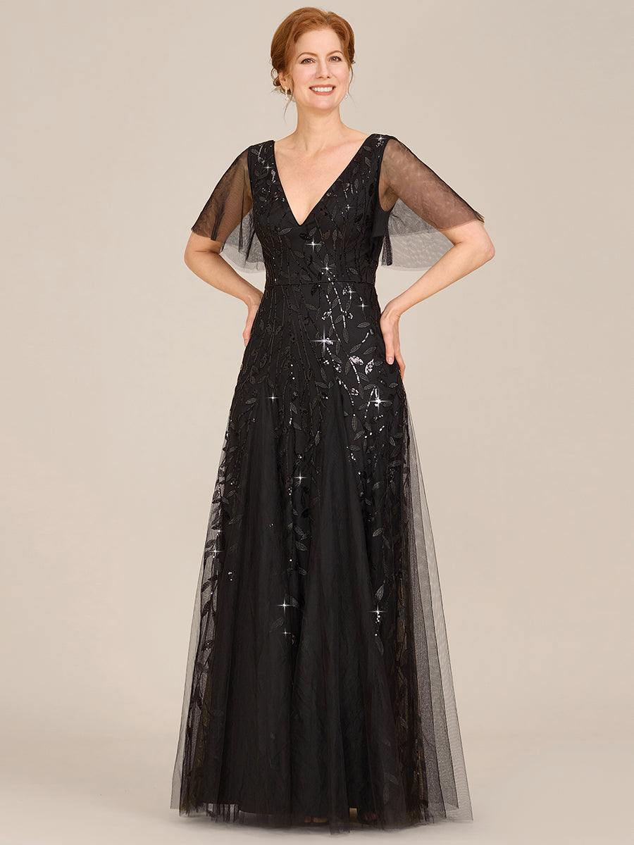 Romantic Shimmery V Neck Ruffle Sleeves Maxi Long Evening Gowns #color_Black