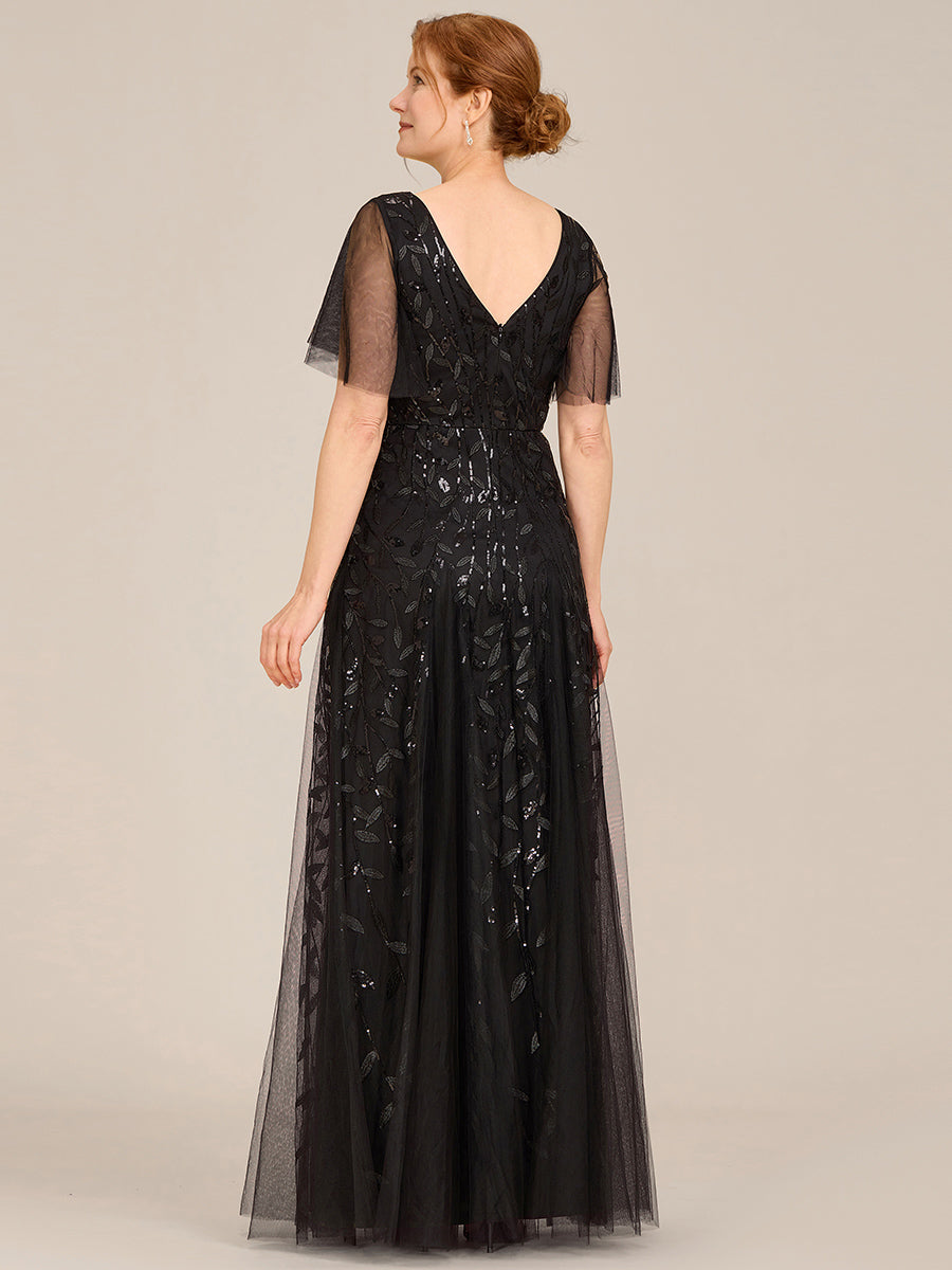 Romantic Shimmery V Neck Ruffle Sleeves Maxi Long Evening Gowns #color_Black