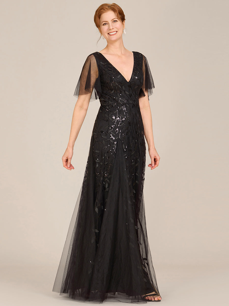 Romantic Shimmery V Neck Ruffle Sleeves Maxi Long Evening Gowns #color_Black