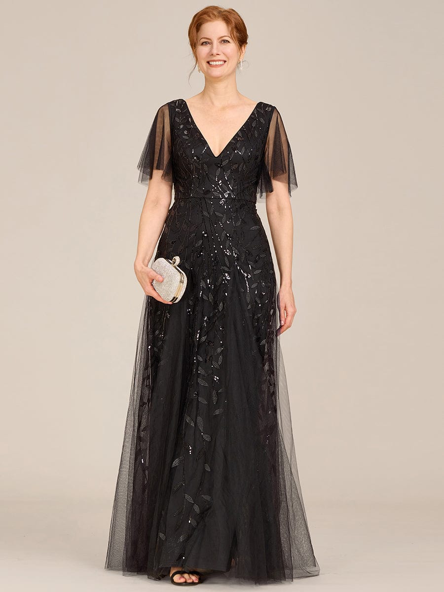 Romantic Shimmery V Neck Ruffle Sleeves Maxi Long Evening Gowns #color_Black