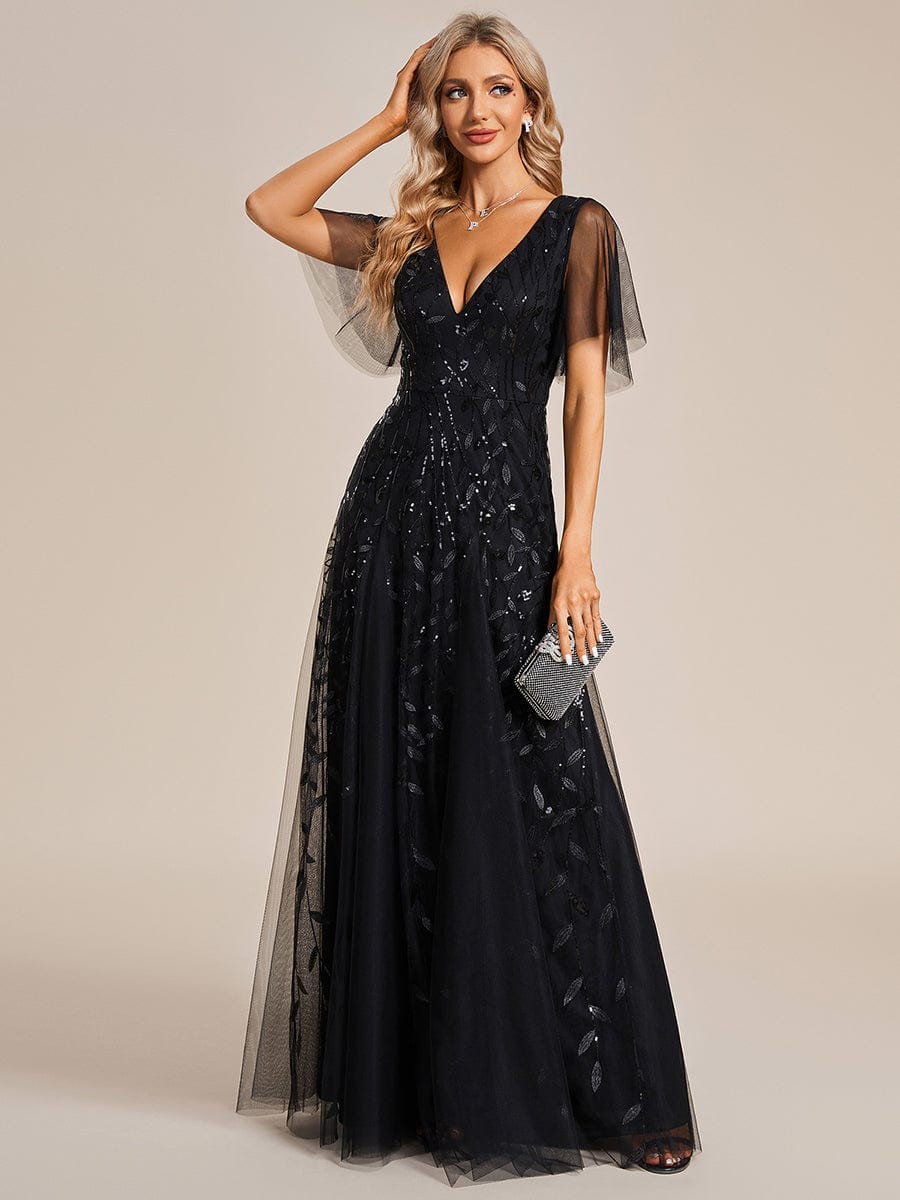 Custom Size Romantic Shimmery V Neck Ruffle Sleeves Maxi Long Evening Gowns #color_Black