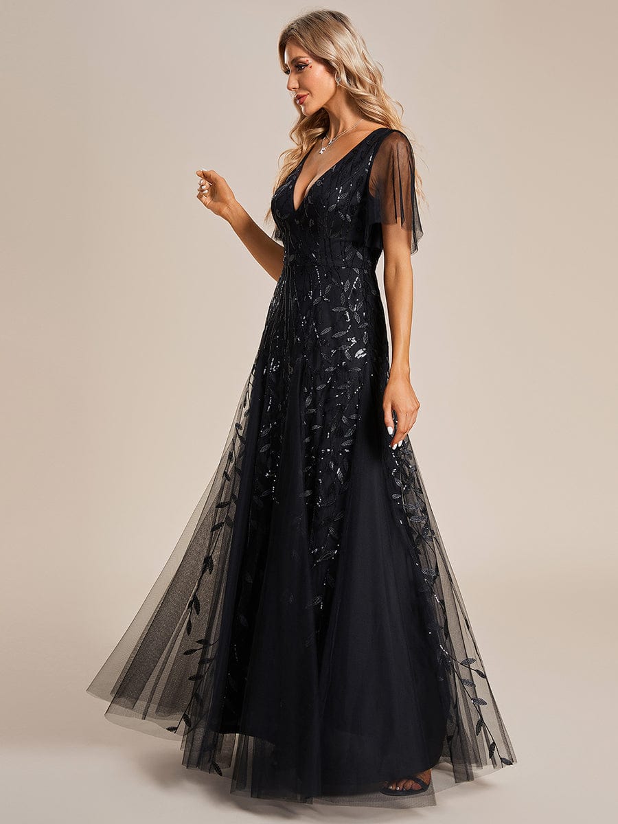 Custom Size Romantic Shimmery V Neck Ruffle Sleeves Maxi Long Evening Gowns #color_Black