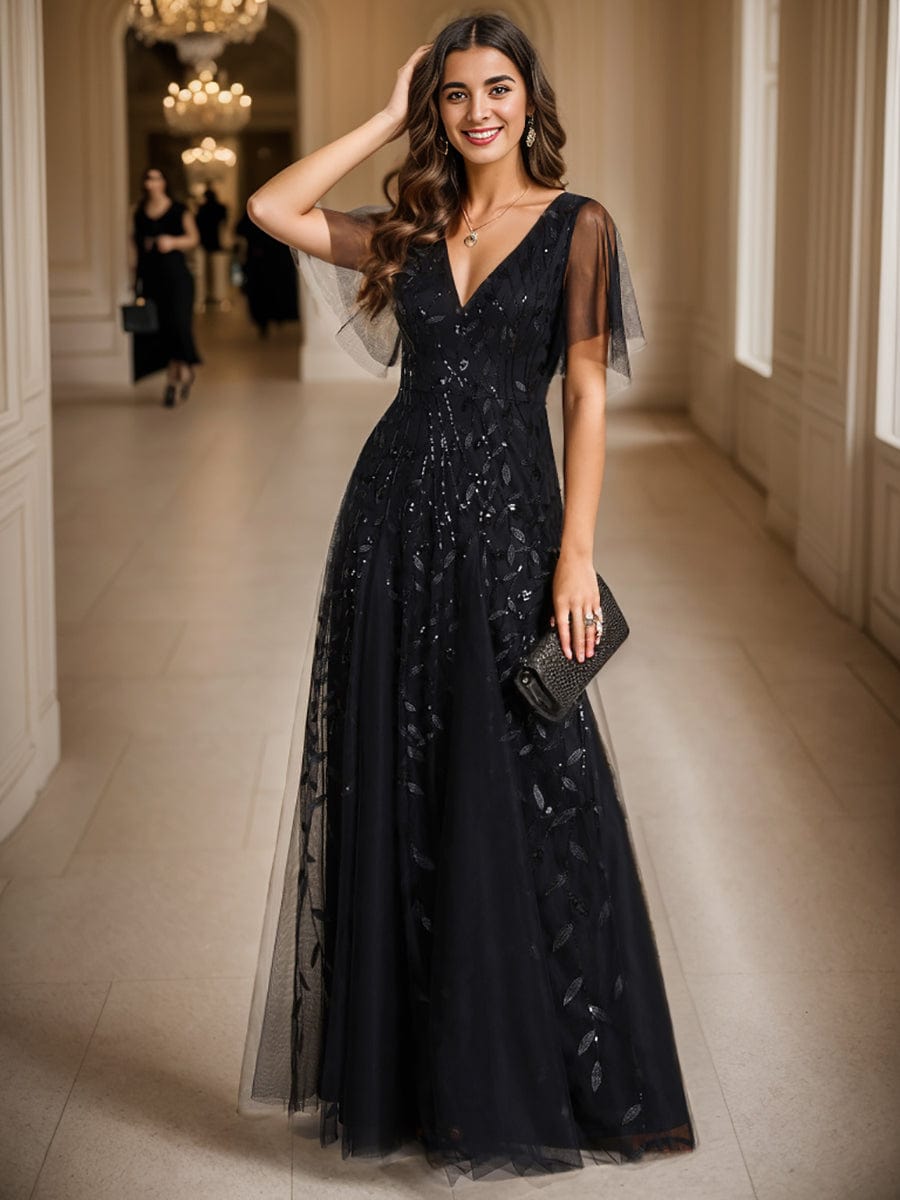 Romantic Shimmery V Neck Ruffle Sleeves Maxi Long Evening Gowns #color_Black