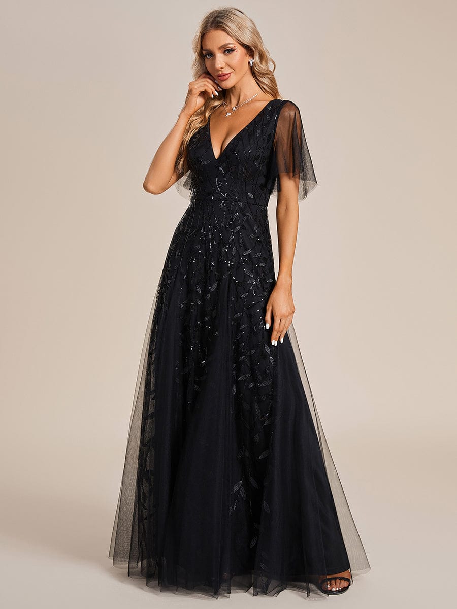 Romantic Shimmery V Neck Ruffle Sleeves Maxi Long Evening Gowns #color_Black