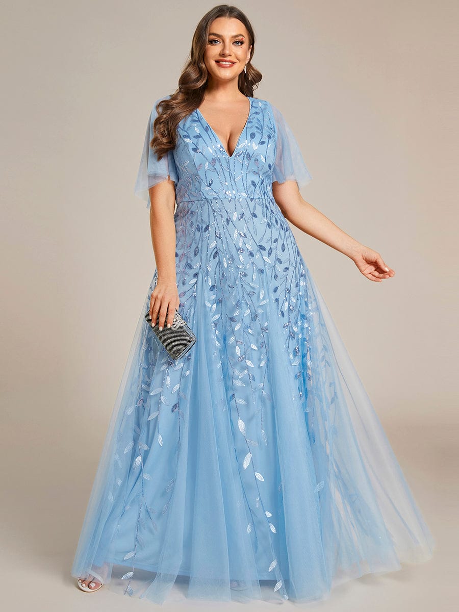 Custom Size Romantic Shimmery V Neck Ruffle Sleeves Maxi Long Evening Gowns #color_Sky Blue