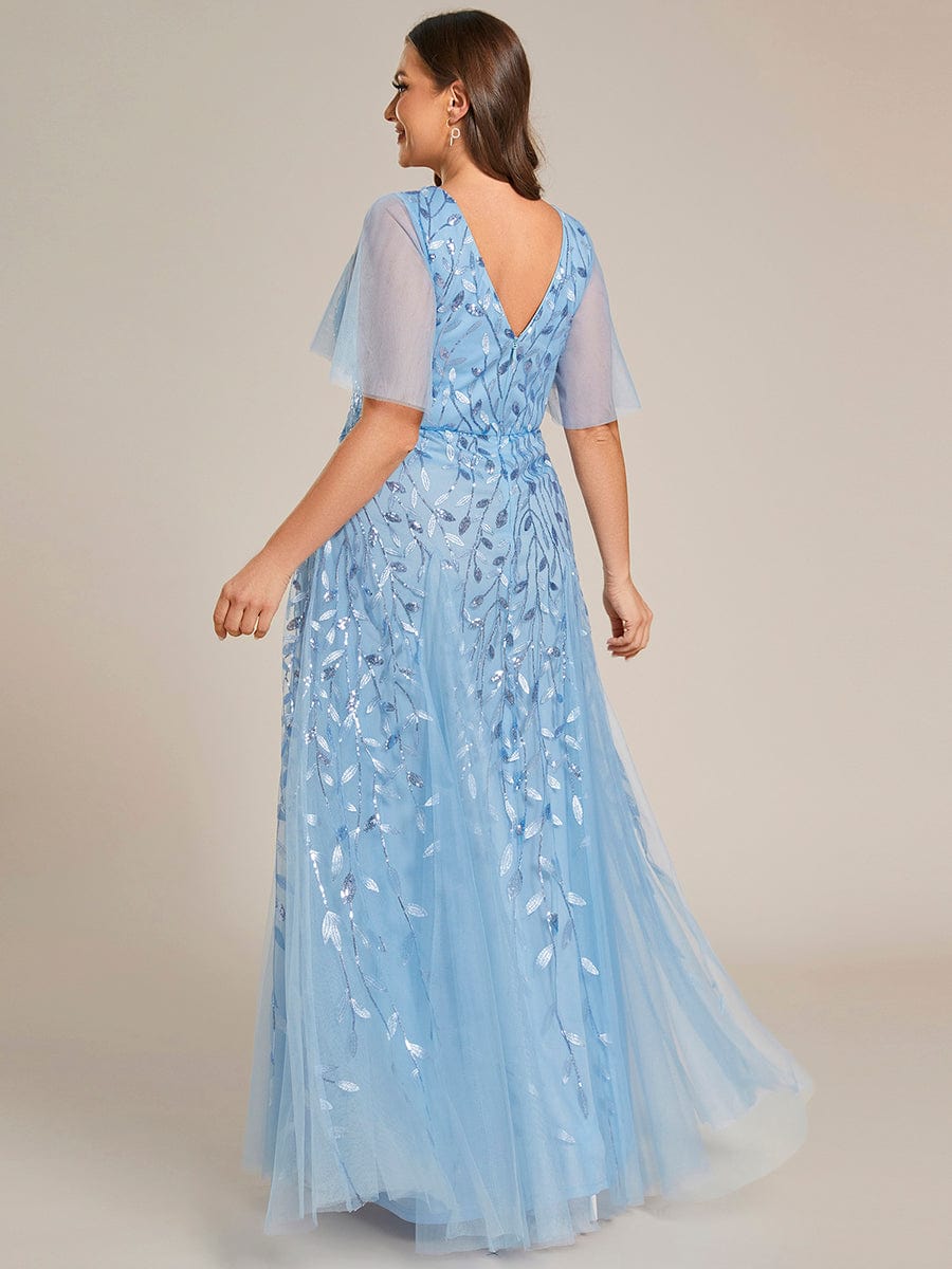 Custom Size Romantic Shimmery V Neck Ruffle Sleeves Maxi Long Evening Gowns #color_Sky Blue