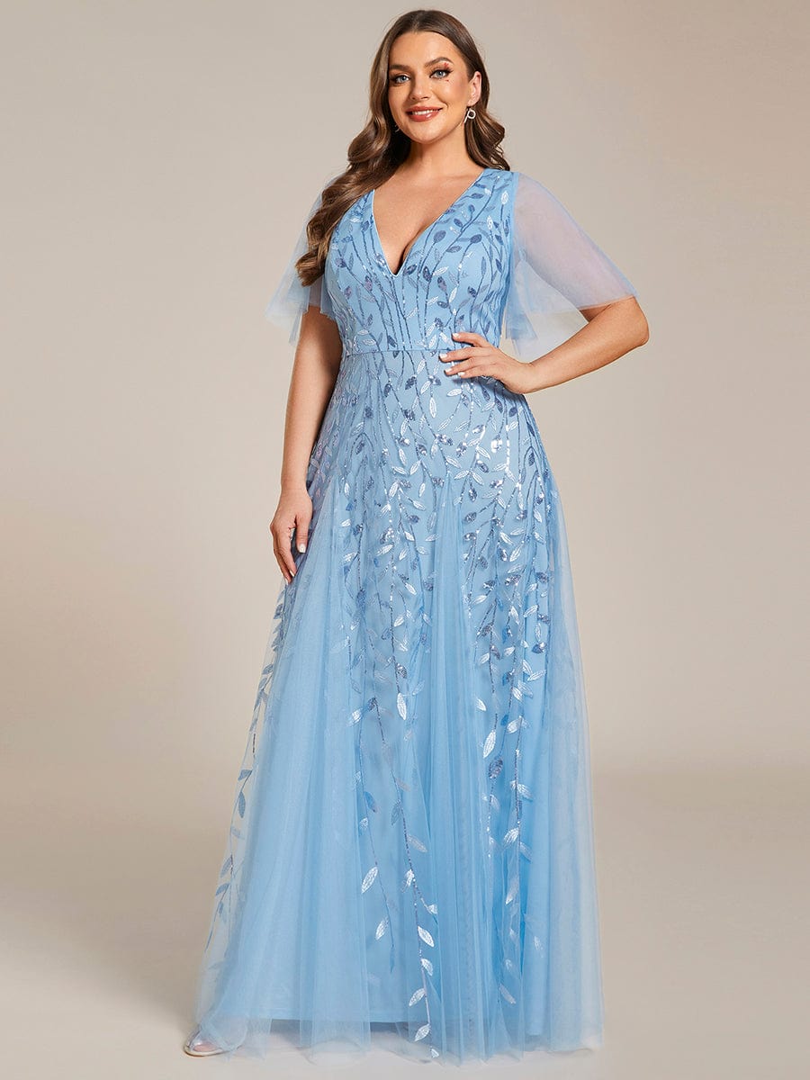 Custom Size Romantic Shimmery V Neck Ruffle Sleeves Maxi Long Evening Gowns #color_Sky Blue