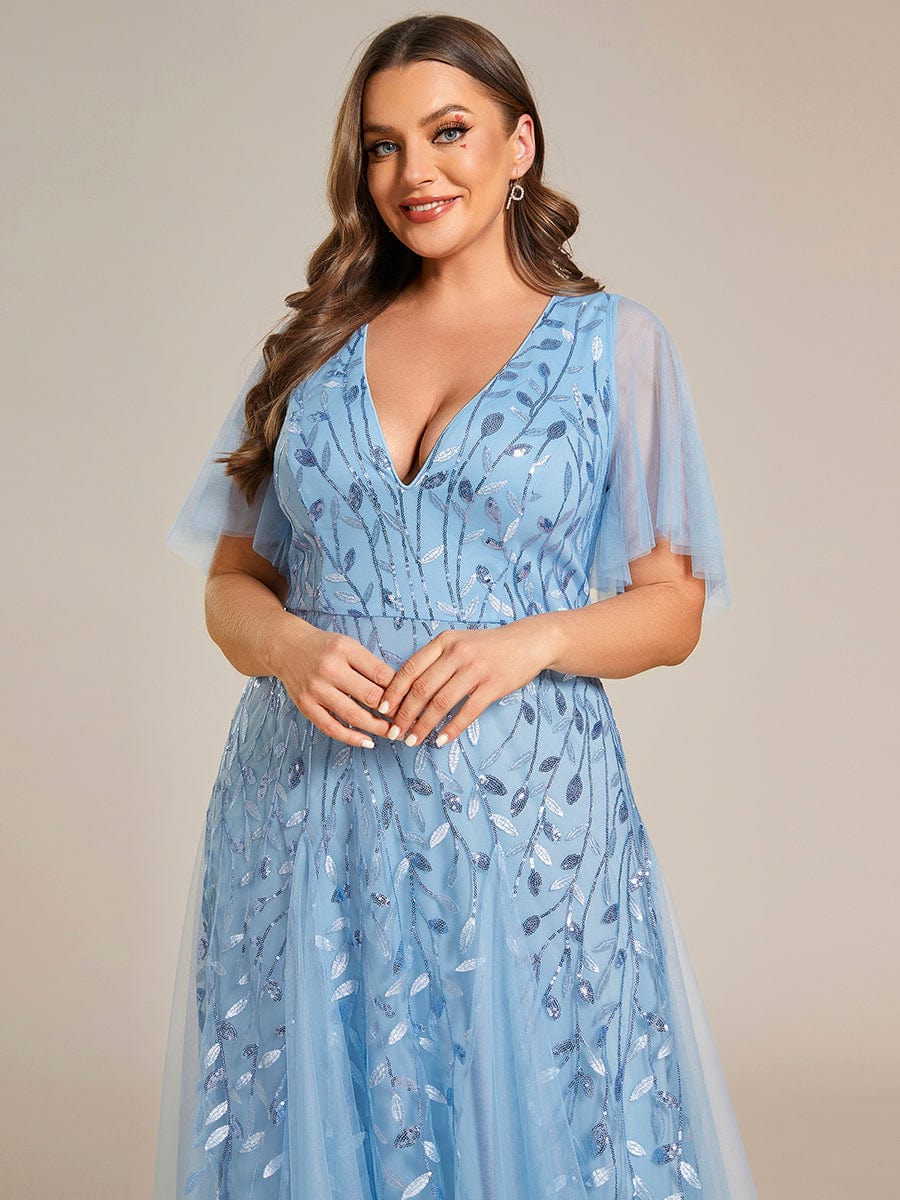 Custom Size Romantic Shimmery V Neck Ruffle Sleeves Maxi Long Evening Gowns #color_Sky Blue