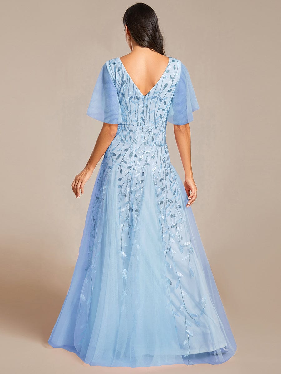 Custom Size Romantic Shimmery V Neck Ruffle Sleeves Maxi Long Evening Gowns #color_Sky Blue