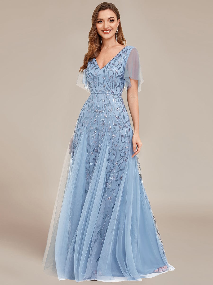 Romantic Shimmery V Neck Ruffle Sleeves Maxi Long Evening Gowns #color_Sky Blue