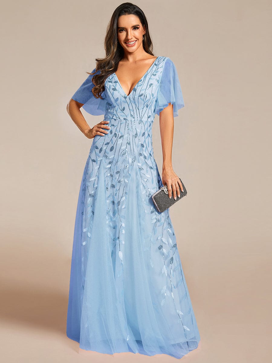 Custom Size Romantic Shimmery V Neck Ruffle Sleeves Maxi Long Evening Gowns #color_Sky Blue