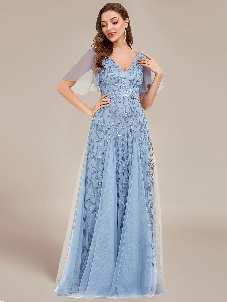 Romantic Shimmery V Neck Ruffle Sleeves Maxi Long Evening Gowns #color_Sky Blue