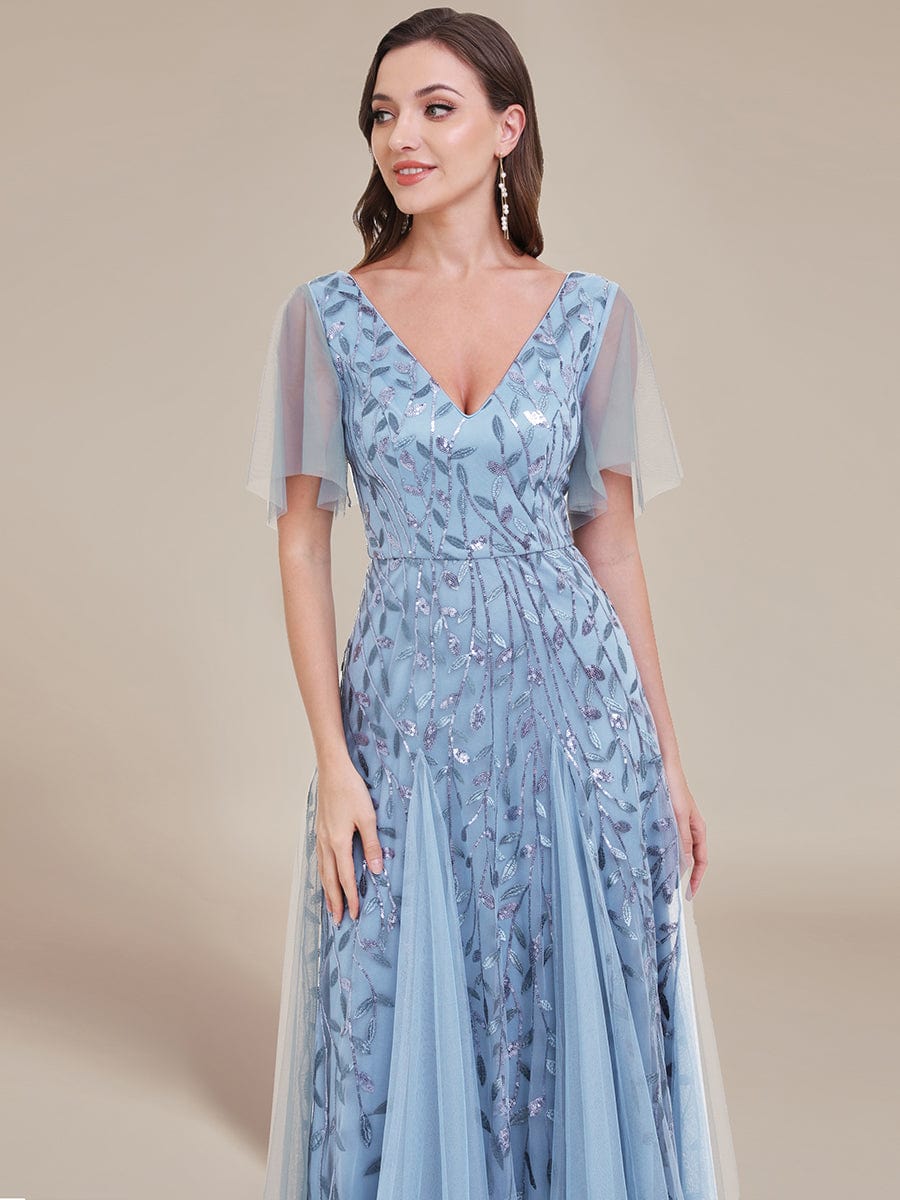 Romantic Shimmery V Neck Ruffle Sleeves Maxi Long Evening Gowns #color_Sky Blue