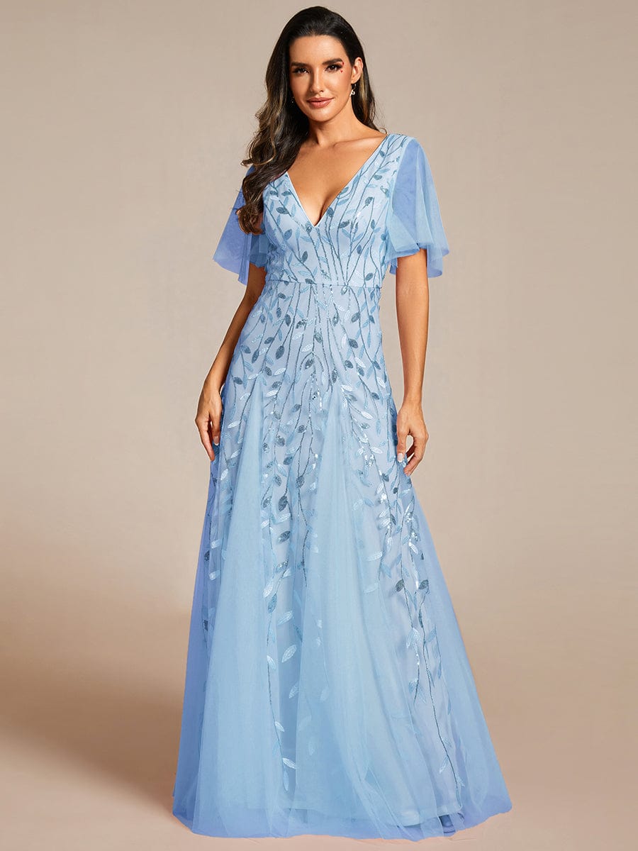 Custom Size Romantic Shimmery V Neck Ruffle Sleeves Maxi Long Evening Gowns #color_Sky Blue