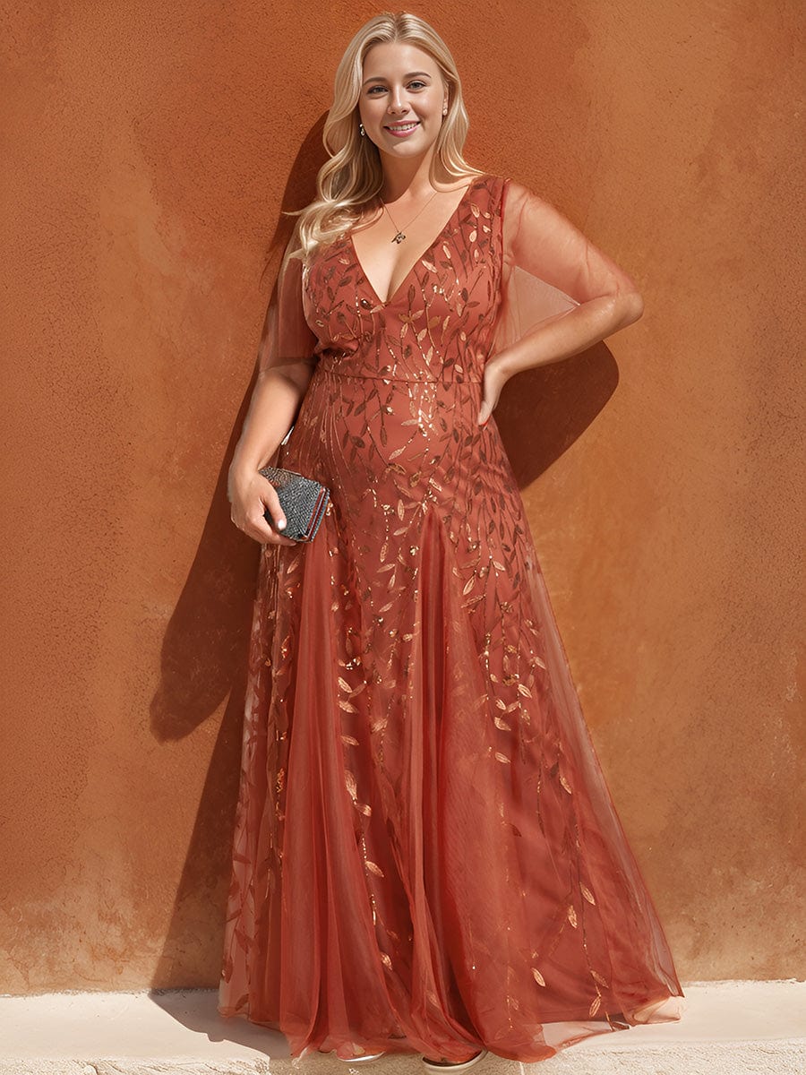 Custom Size Romantic Shimmery V Neck Ruffle Sleeves Maxi Long Evening Gowns #color_Burnt Orange