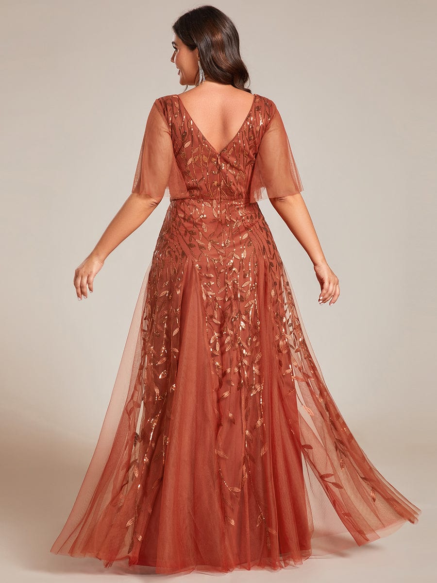 Custom Size Romantic Shimmery V Neck Ruffle Sleeves Maxi Long Evening Gowns #color_Burnt Orange