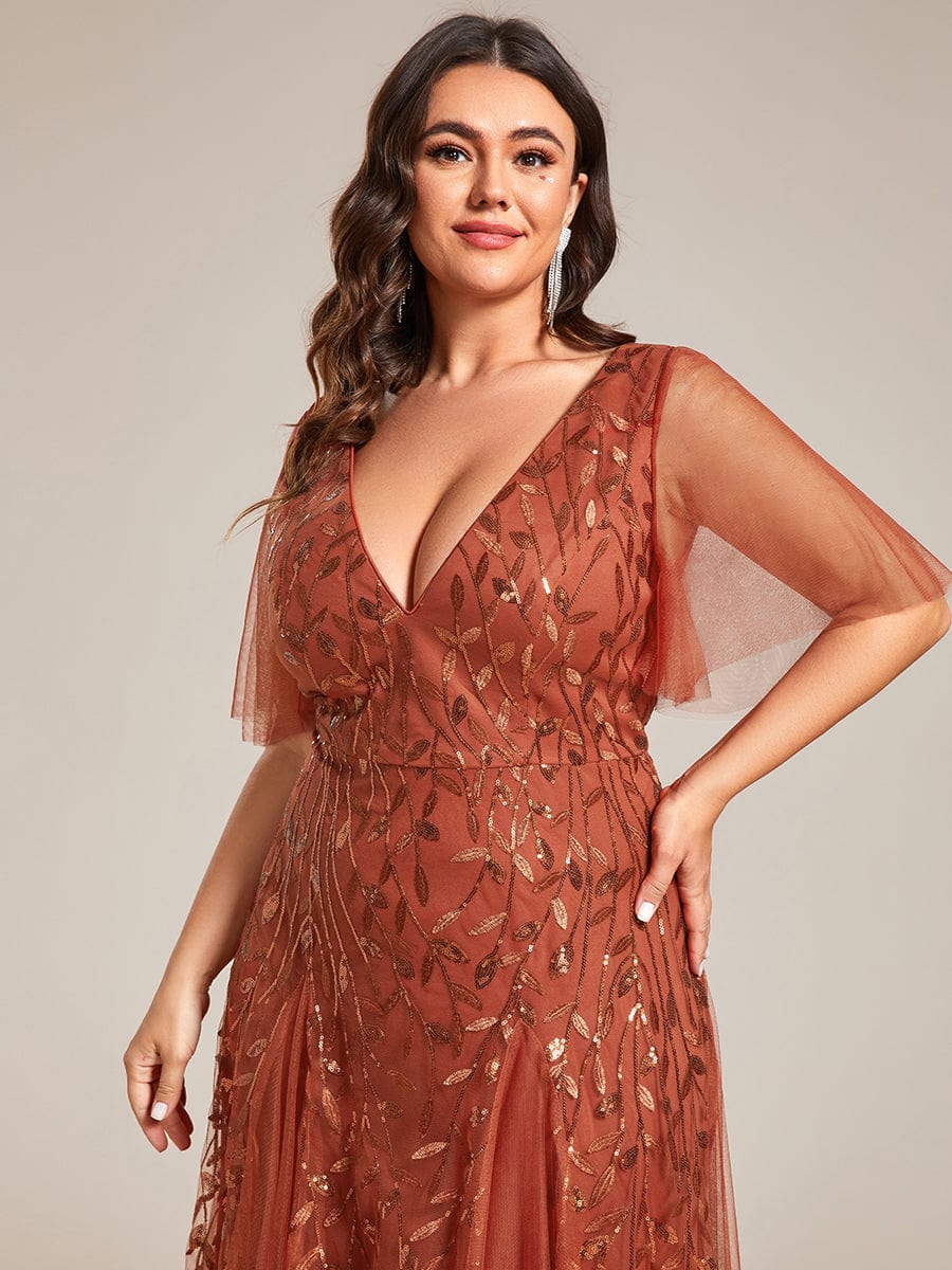 Custom Size Romantic Shimmery V Neck Ruffle Sleeves Maxi Long Evening Gowns #color_Burnt Orange