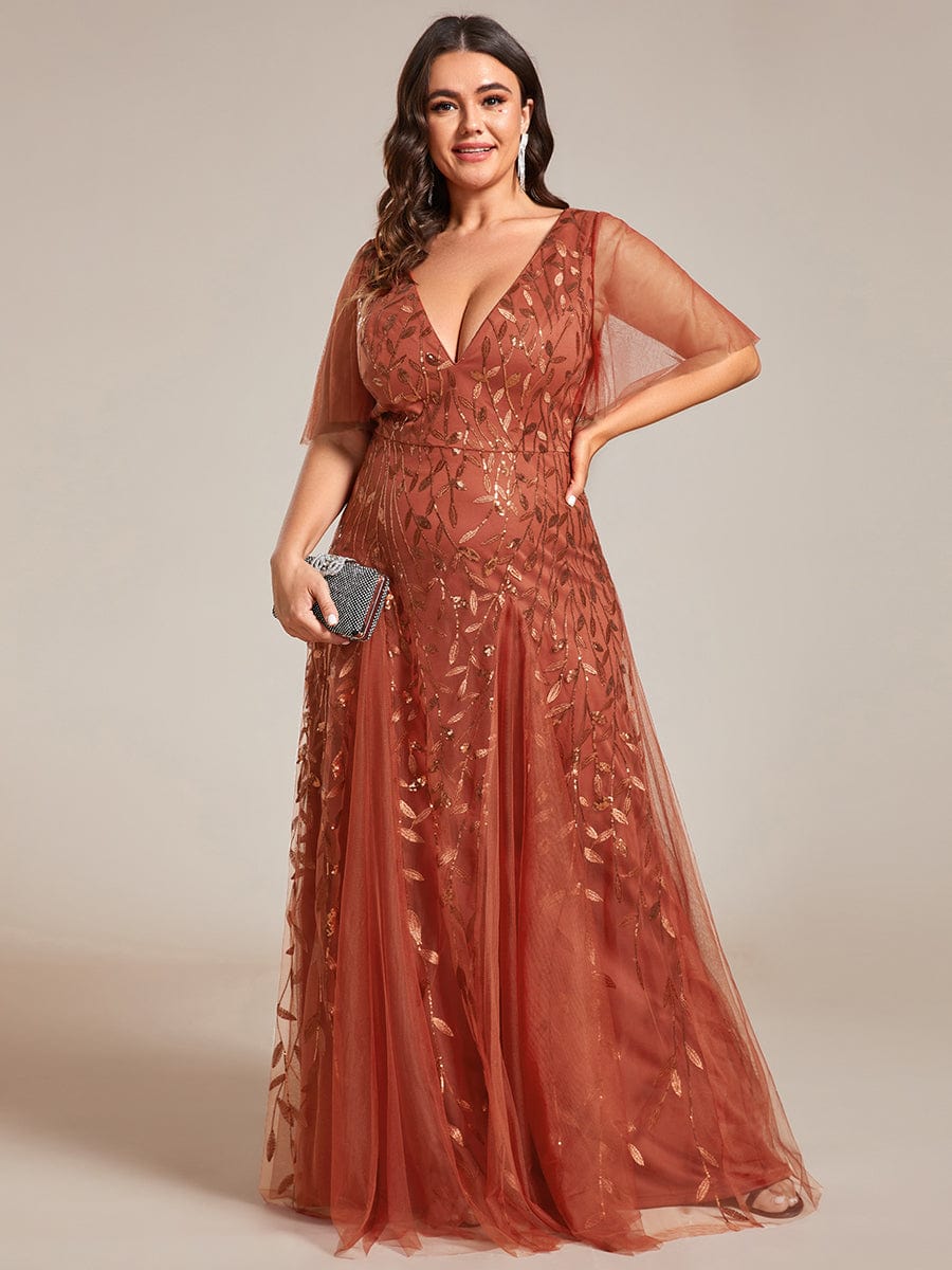 Romantic Shimmery V Neck Ruffle Sleeves Maxi Long Evening Gowns #color_Burnt Orange