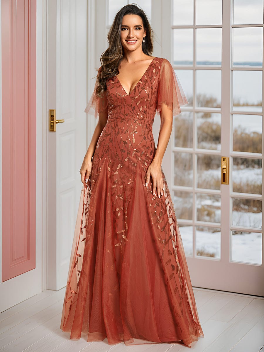 Custom Size Romantic Shimmery V Neck Ruffle Sleeves Maxi Long Evening Gowns #color_Burnt Orange