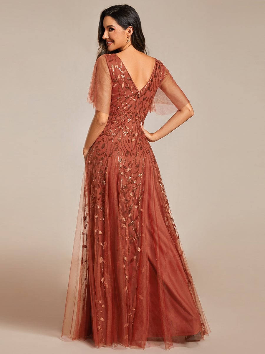 Custom Size Romantic Shimmery V Neck Ruffle Sleeves Maxi Long Evening Gowns #color_Burnt Orange